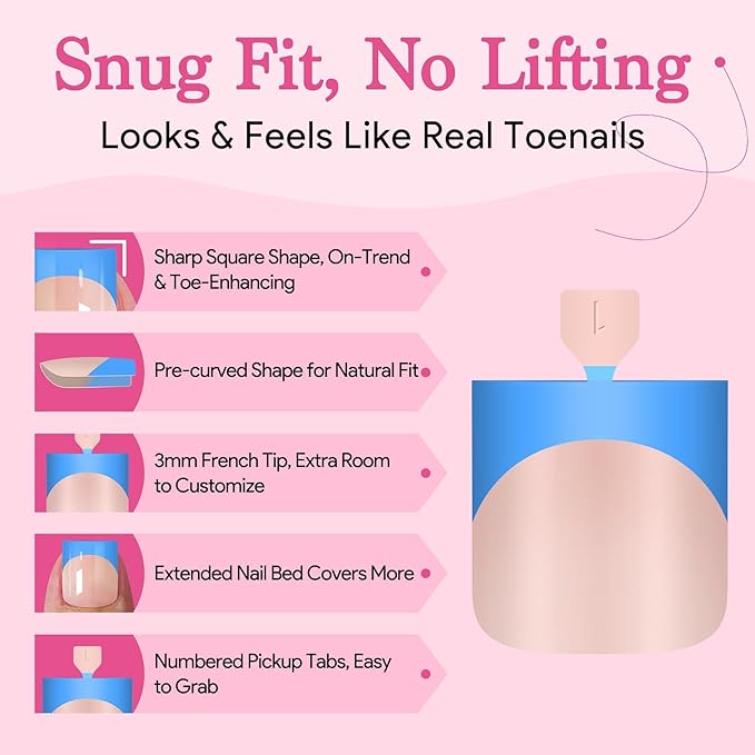 15 Sizes 300 PCS Press on Toenails for Women, 10 Rainbow Colors Fake Toe Nail Sharp Square, Brighter Pastel French False Nails Tip Pre-applied Primer& Base Coat, Need Builder Nail Gel& Top Coat