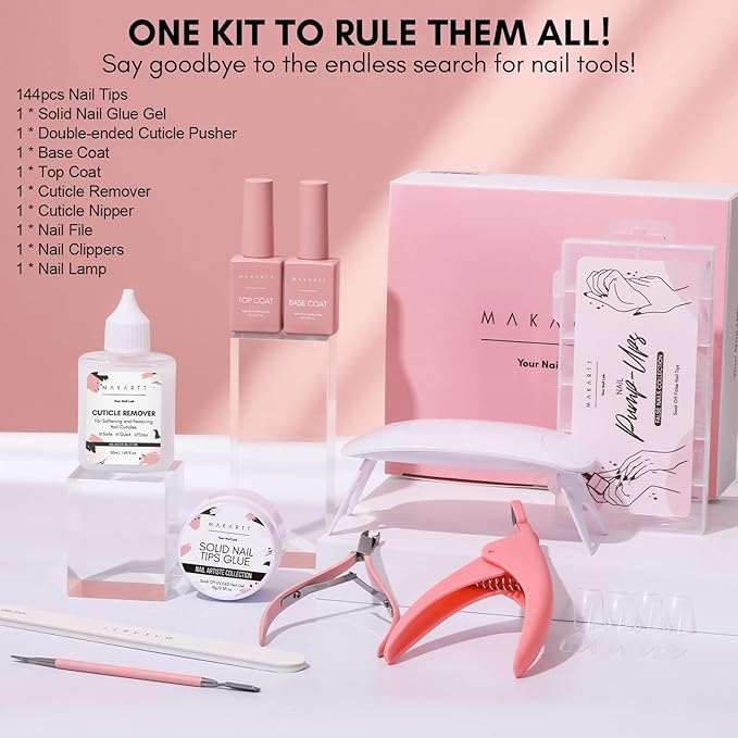 Makartt Nail Glue and Tips Kit: 15ML Solid Gel with Almond & Coffin Pre-Buffed Fake Nails, Portable UV Lamp, Base and Top Coat, Nipper, Cuticle Remover and File for DIY Art Manicure