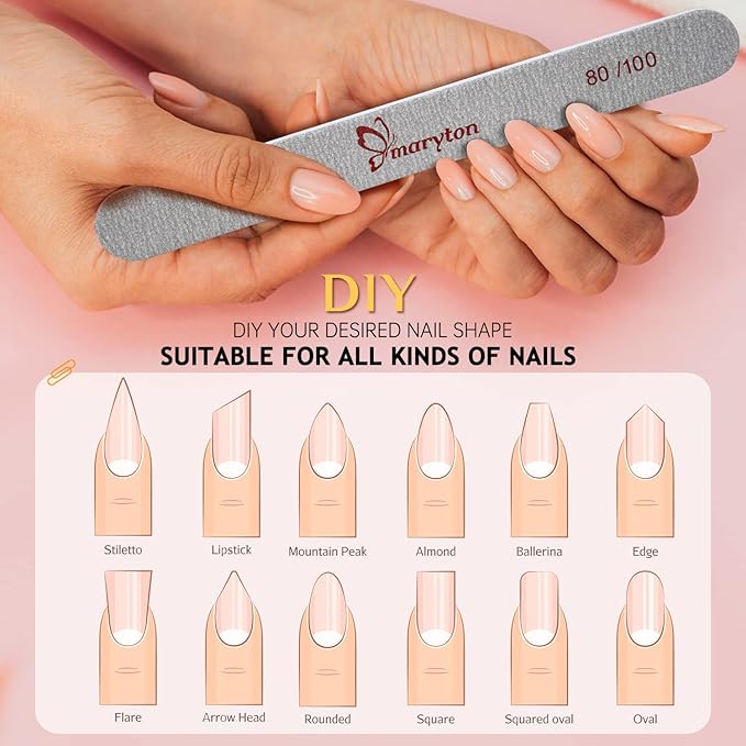 Maryton Coarse Nail File 80/100 Grit Emery Boards for Poly Gel Acrylic Nails, 12 PCS Professional Double Sided Wood Finger Nail Files Set Manicure Tools