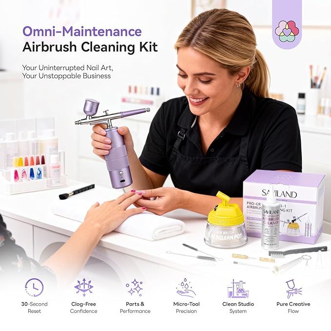 SAVILAND All-in-1 Airbrush Cleaning Kit: 240 ml Fast Airbrush Cleaner Low Odor & Needles Kit 3-in-1 Airbrush Cleaning Pot Easily Handle Water-Based & Acrylic Airbrush Paint Nail Art Painting Tools