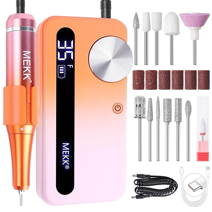 MEKK Nail Drill Kit,35000RPM Electric Nail Drill Professional Electric Nail File with 12PCS Bits,Anti-Shaking Cordless E Filer for Nails,Home & Salon(Orange-Pink)