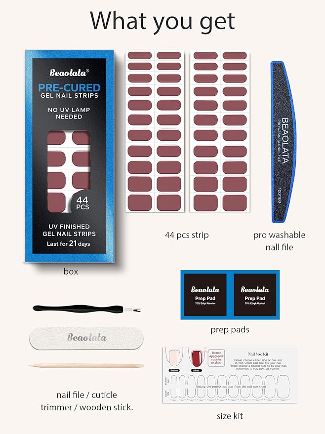 Real Gel Nail Strips (No UV Light Needed) - 44Pcs Salon Quality Nail Stickers - Long Lasting Polish Wraps for Women, Easy Apply & Remove (Muted Rose Brown)