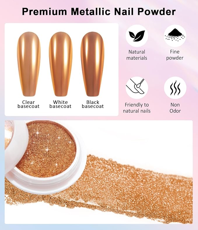 2 PCS Chrome Nail Powder：Mirror Effect Copper Chrome Nail Powder,Metallic Mirror Orange Chrome Nail Powder Decoration for DIY Nail Art,Bronze Pigment Holo Chrome Powder