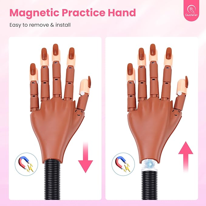 Magnetic Practice Hand for Acrylic Nails Detachable Mannequin Hand Movable Fake Hand for Trainning Manicure Hand with Flexible Fingers, Nail Tips, Brushes, Files and Clipper for Beginners Salon Home