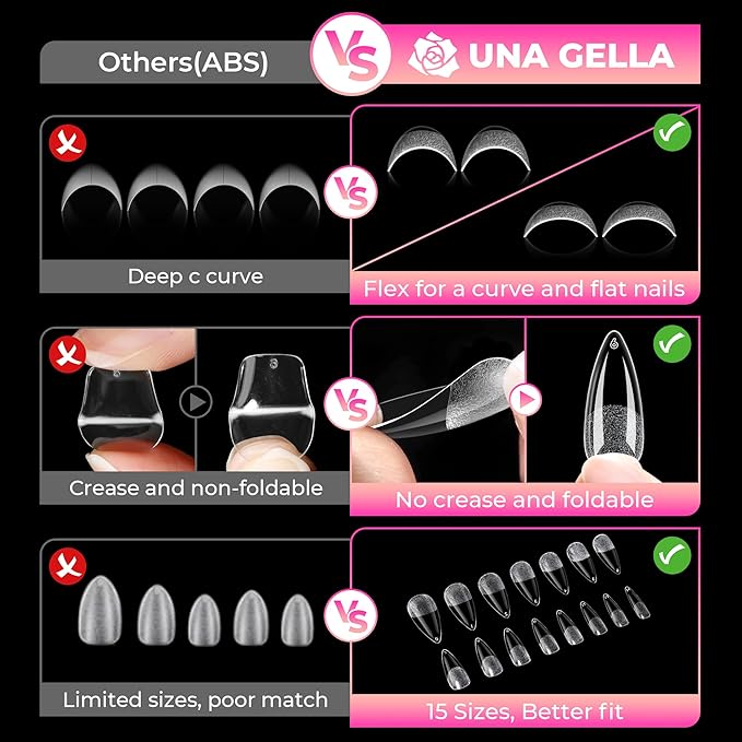 UNA GELLA Stiletto Gel Nail Tips:510Pcs Full Cover Nail Tips Medium Stiletto Almond Pre-etched Fake Clear Acrylic False Nails Sturdy Stiletto Press on Nails for Nail Extensions Home DIY Salon 15 Sizes