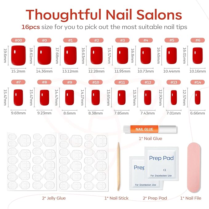 Modelones Red Press on Nails for Women, Spring Short Square Fake Nails, Reusable Nail Kit with Nail Glue Adhesive Tabs Mini Nail File, Nails Press Ons 32Pcs16 Sizes, Women Girl Gift