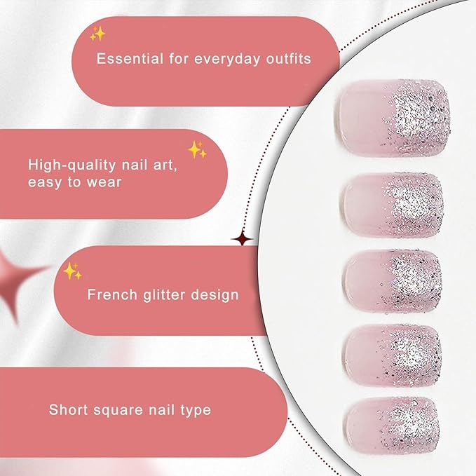 Glitter French Press on Nails Short Square Fake Nails Nude Designs False Nails Shiny French Full Cover Glossy Reusable Acrylic Stick on Nails for Women Girls Light Luxury Manicure Decoration 24Pcs