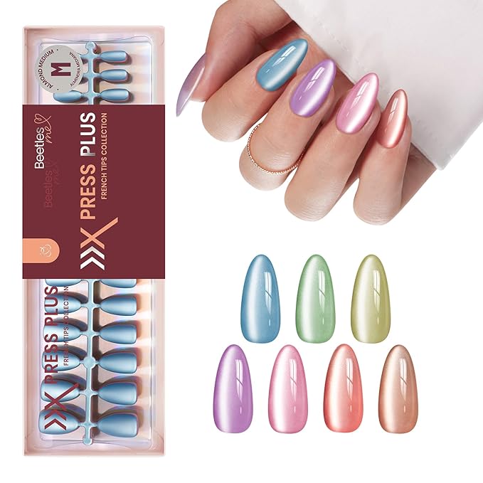 Beetles X Press Cat Eye Nails - Bubble Aurora | 7 Colors Medium Almond Press On Nails | 16 Sizes 224 Pcs Natural Salon Quality Soft Nail Gel Art DIY For Women