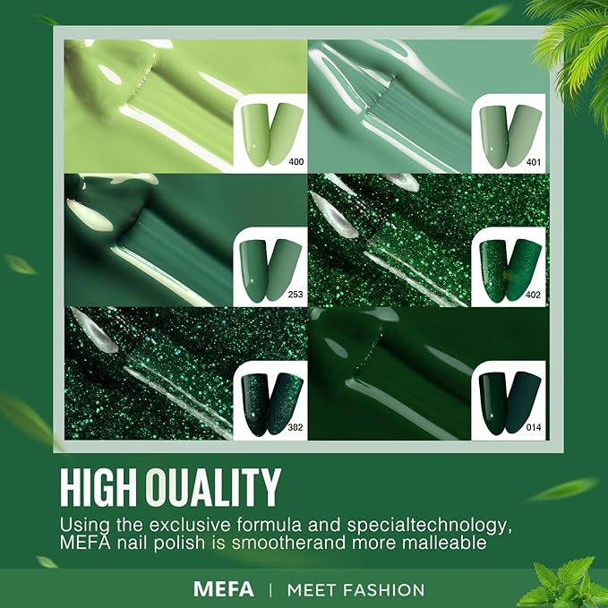 MEFA Green Gel Nail Polish, St. Patrick's Day 6 Colors Green Glitter Nail Polish Gel Dark Avocado Sage Evergreen Sparkle Polish Set Soak Off Nail Art DIY Salon Manicure Nail Art Gifts for Women