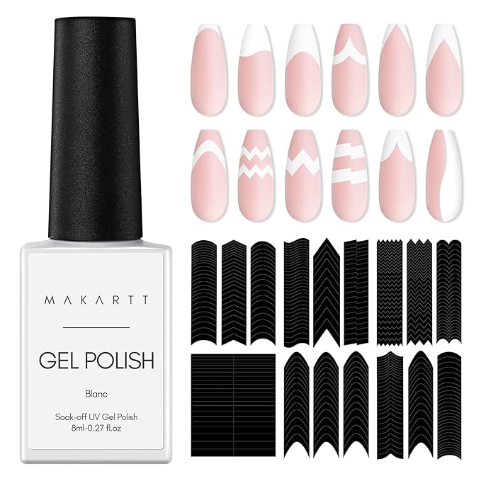 Makartt 7PCS French Nail Art Stickers Kit, 8ML White Gel Polish,6 Sheets French Design Stickers,Self-Adhesive French Manicure Strips Guides Kit For Beginner DIY Design