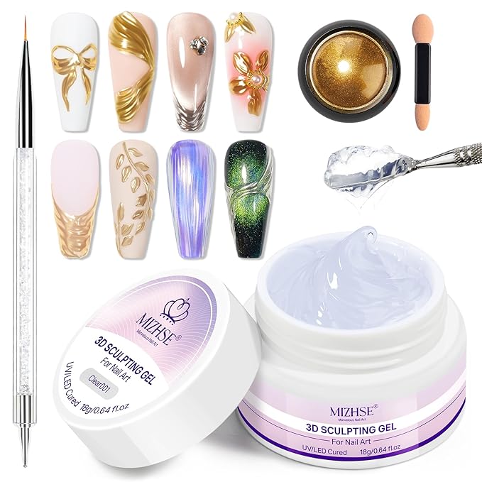 MIZHSE Cream 3D Nail Gel with Chrome Nail Powder Sculpting Gel for Nails Art No Wipe Clear Painting Gels Polish Nails for Painting Rhinestone Decoration Sculpture U V LED Curing Requires