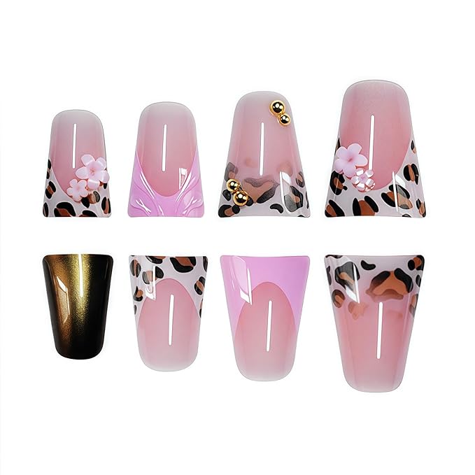 Leopard Print Press on Nails French Tip Fake Nails Duck False Nail with Flower Design Glossy Full Cover Artificial Acrylic Nail Bronze Stick on Nail for Women Manicure 24Pcs