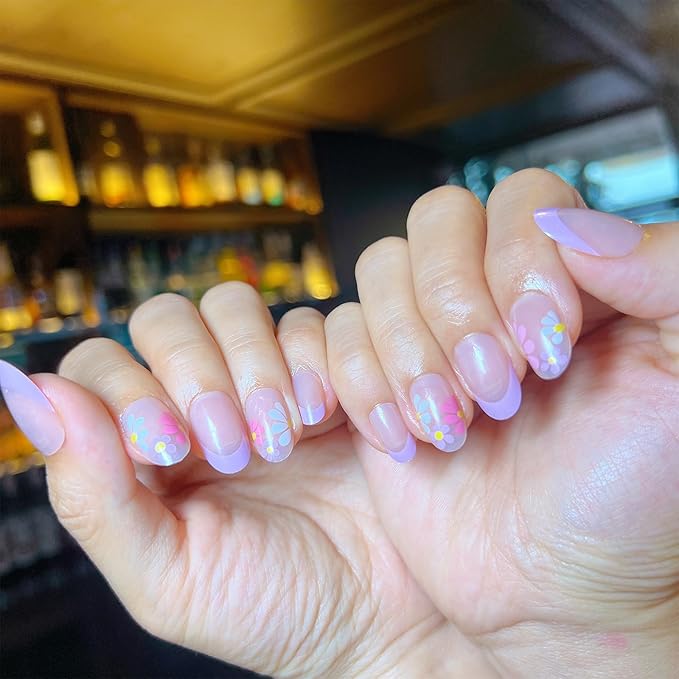 French Press on Nails Short Almond Purple French Fake Nails with Flowers Designs Acrylic Glue on Nails Reusable Gel Nail Glossy Artificial Nails Removable Stick on Nail for Women 24 Pcs