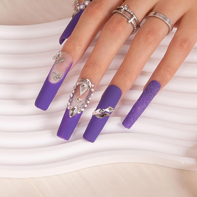 LOVFUL Press on Nails Mystique Veil Purple| Handmade with Full Covered Crystals| Reusable Fake Nails| Square Mid length 1.7in| H108-S