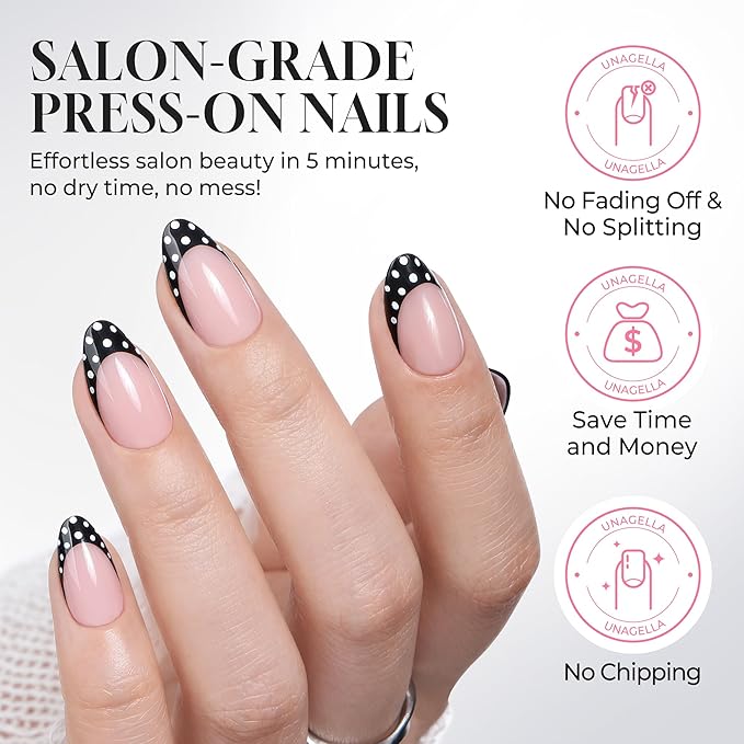 UNA GELLA 32Pcs Soft Gel Press on Nails - 16 Sizes Polka Dot French Tip Almond Glue on Nails, Reusable Nude False Nails with Black Dots, Full Cover Acrylic Nail Kit for Women DIY Home Manicure