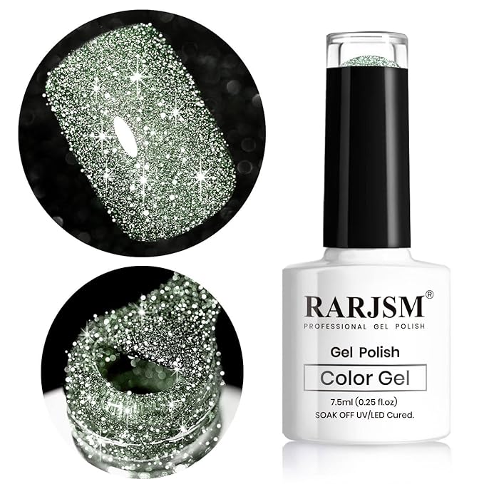 RARJSM Glitter Gel Nail Polish Light Green Flash Gelpolish Sparkle Shiny Gel Nail Art Varnish Manicure Refletive Diamond Nailgel For Salon Home DIY U V L E D Curing Required 7.5ml