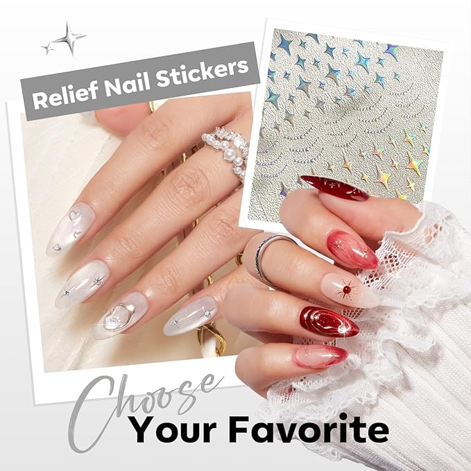 Modelones Gold Gel Polish Nail Stickers 3D Self-Adhesive Nail Decals Gold Line Star, Laser Heart & Star Sparkle, Moon Nail Art Holiday Christmas DIY Nail Stickers for Women & Kids 5Pcs