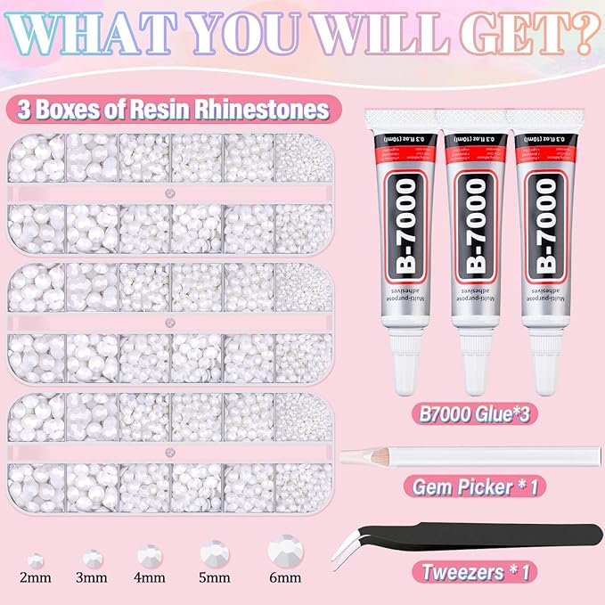 Resin Rhinestones for Crafting with 3Pcs 10ml B7000 Jewelry Glue, 3 Boxes White Flatback Gems Crystals Diamond for Bedazzling Crafts DIY Nail Art Makeup,Gems for Clothing Tumblers Shoes