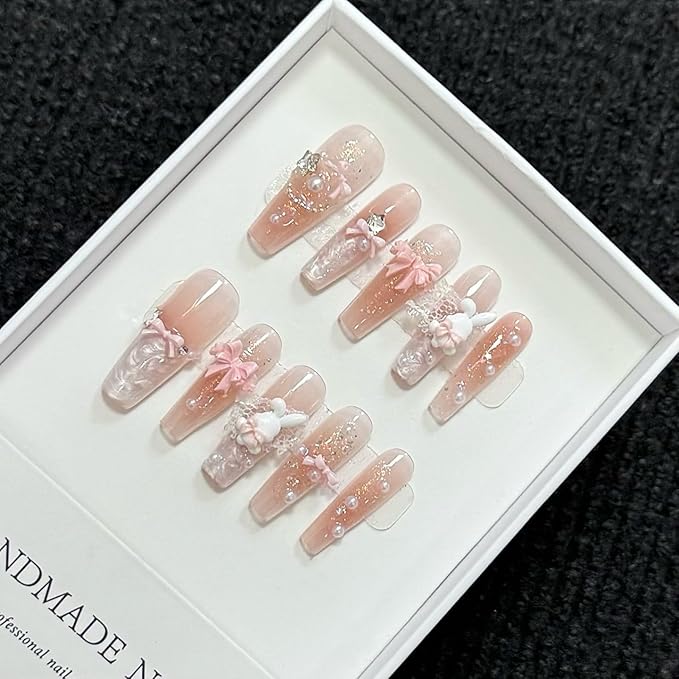 10Pcs(1Pack) Handmade Press On Nails 3D Flower Nails Cute Catoon Duckling Nails for Women Party Holiday Daily Wear Size M