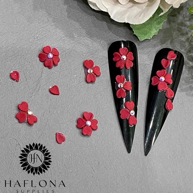 Set Red 3D Flowers for Nails, Handmade 3D Acrylic Flowers for Valentine Nails, Flower Nail Charms Rhinestones Gems by Acrylic Powder Design Deco Nail Art Women Girls (Red Heart)