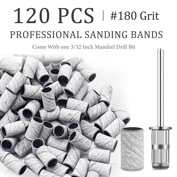 120Pcs Nail Drill Bits Sanding Bands with Nail Drill Bits, Professional Sand Band 180# Fine Grit Nail File Sanding Bands for Acrylic Nails Manicures and Pedicure