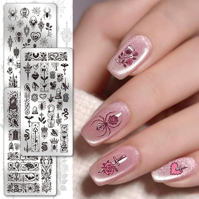 PH PandaHall 3pcs Dark Style Nail Stamping Plates, Gothic Spider Skull Nail Art Templates Spooky Snake Flower Stainless Steel Image Plate Art Stencils for DIY Print Manicures Salon Cosplay Party