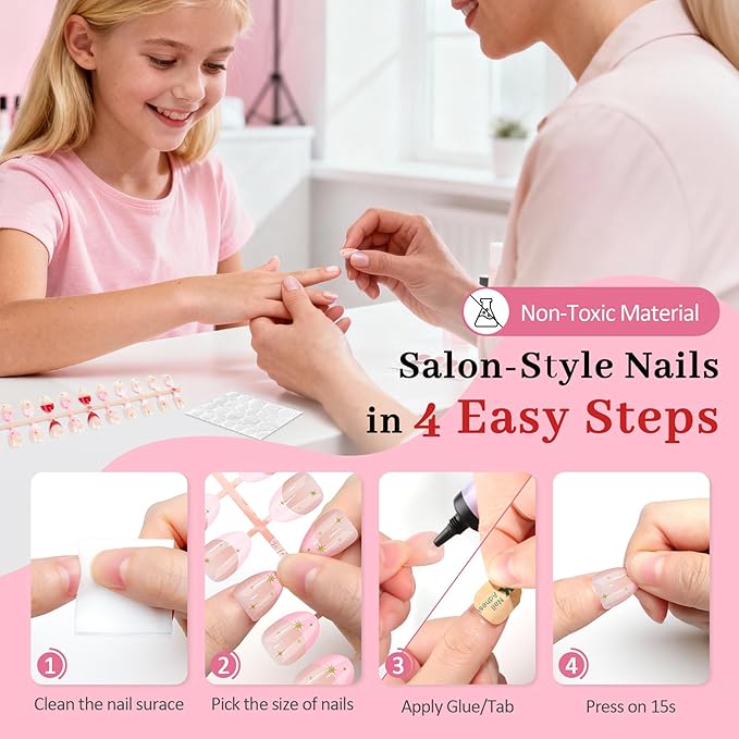 16 Sizes Press on Nails Kit for Kids - 32 Pieces French Almond Fake Nail Tips for Girls 8-12 Years Old with Jelly Nail Adhesives & No-Lamp Nail Glue, Birthday Christmas Gifts(Rose Pink French)