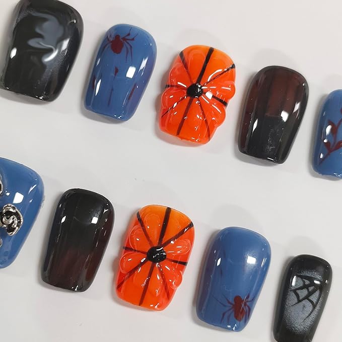 Halloween Press on Nails Short Square Handmade Acrylic Nails 3D Thick Fake Nails with Pumpkin Spider Web Skull Designs Gothic Sturdy Art False Press on Nail 10Pcs(M)