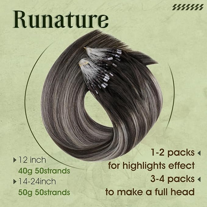 RUNATURE Microlink Hair Extensions Human Hair Ombre Black to Silver Microbead Human Hair Extensions Pre Bonded Micro Beads Hair Extensions Real Human Hair Micro Extensions Cold Fusion 14 Inch 50g 50s