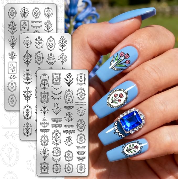 PH PandaHall 3pcs Flower Bouquet Nail Stamping Plate Tulip Rose Nail Stamper Daisy Lily of The Valley Nails Arts Stencils Vintage Lace Nails Image Plates for DIY Manicure Salon Print Design Decor