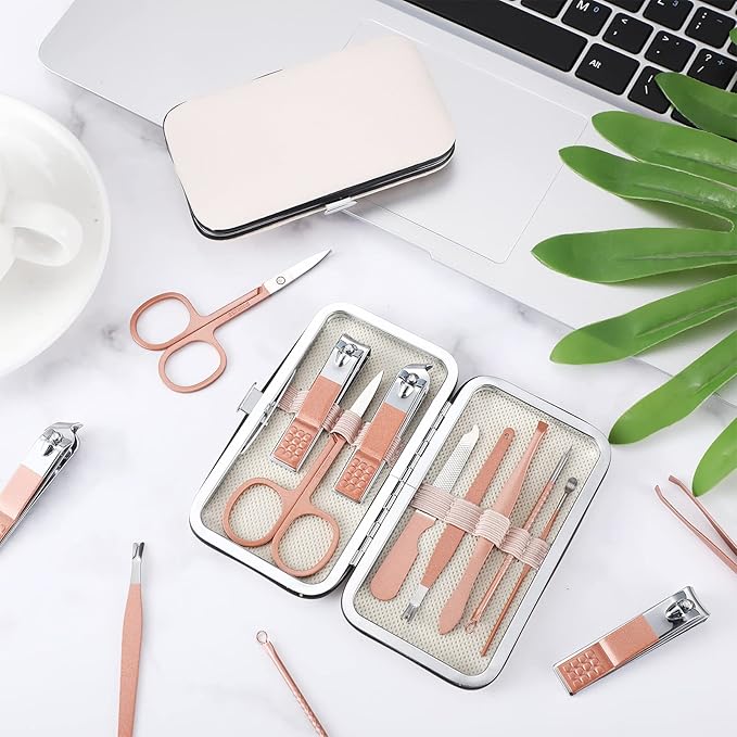 Geosar 12 Sets Manicure Set Nail Clippers Pedicure Kit 8 in 1 Grooming Stainless Steel Kits Nail Care Tools with Travel Case for Employee Coworker Teachers Nurse Gifts(Rose Gold)