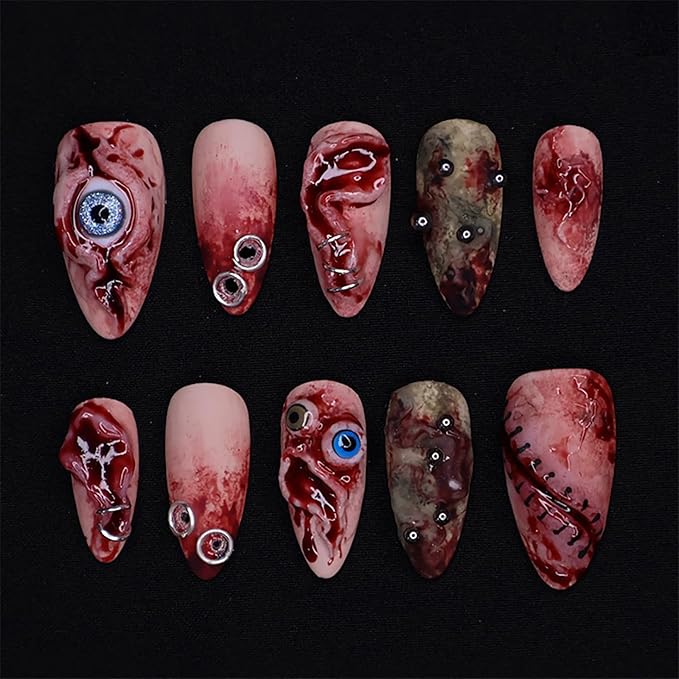 Halloween Press on Nails - Horror Eyeball Fake Nails | Medium Almond Acrylic Nails with Blood Stain Design,Full Cover Glossy False Nails,Stick on Nail for Women Halloween Nail Art Decor - 24Pcs