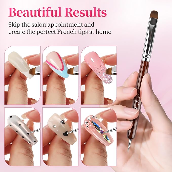 BQAN French Tip Brush Acrylic Nail Brush French Tip Clean up Brush 2 Way Nail Art Brushes with Dotting Tool for Nails Art Design Salon & Home Use (12#)