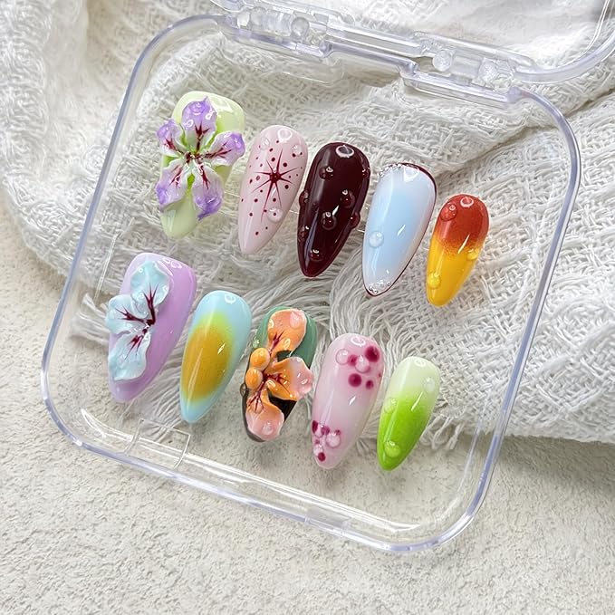 Handmade Press on Nails Medium Almond Thick Acrylic Nails with Glue,Tropical Flower Art Fake Nails with Water Droplet Pattern Designs Nature Stick on Nail False Nails for Wome (Size M)