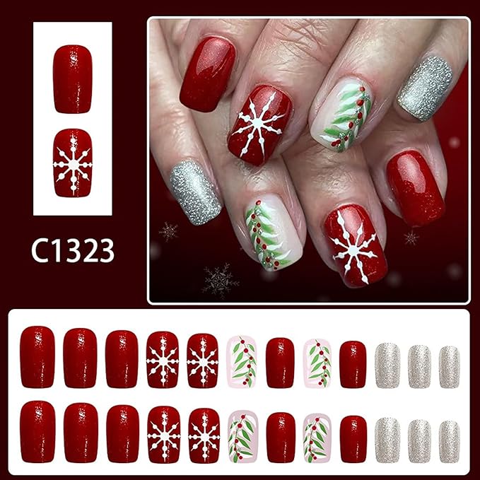 Christmas Press on Nails Medium Square Fake Nails with Snowflake Holly Designs Red Xmas False Nail Winter Silver Glitter Stick on Nail for Women 24 Pcs