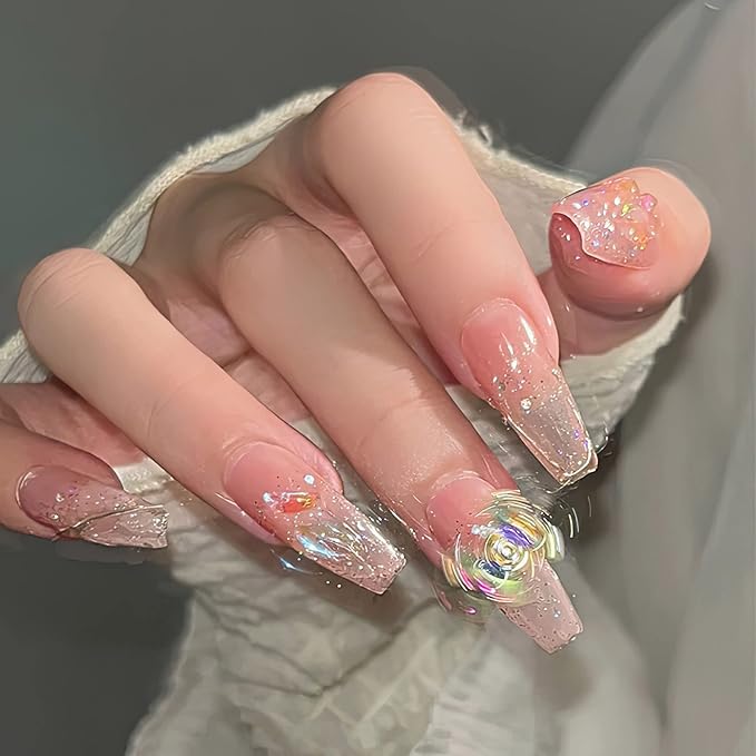 Sun&Beam Nails Handmade Long Coffin Ballerina Pink False Nail Tips with Cute 3D Spinning Butterfly Popular Charm Design Press On 10 Pcs (#45 XS), FN-HM-045-XS.AU