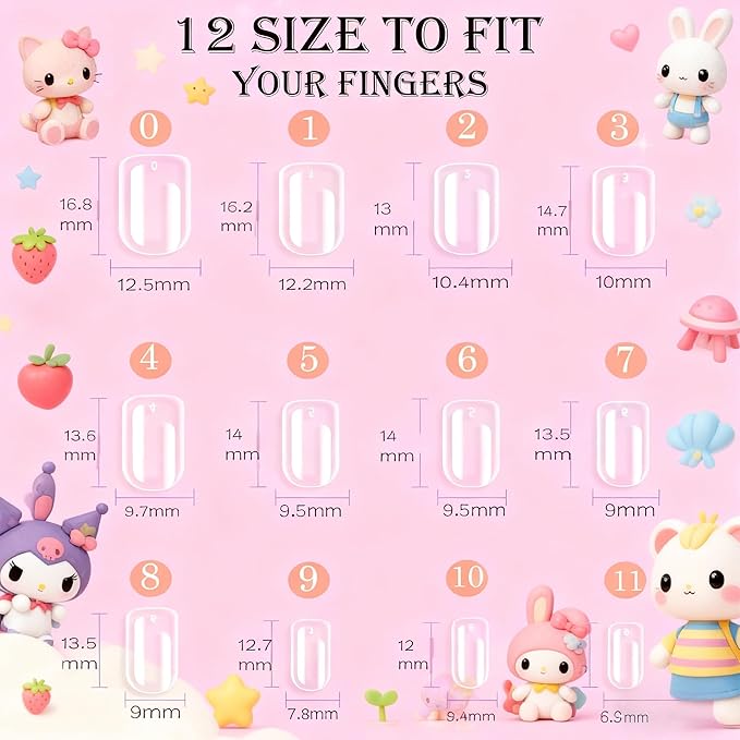 Short Square Press On Nails For Girl, 216Pcs Pre Etched Clear Press On Nails Kit For Kids,Full Cover False Nail with 3 in 1 Nail Glue, Fake Nails Extension Set for Home DIY 12size