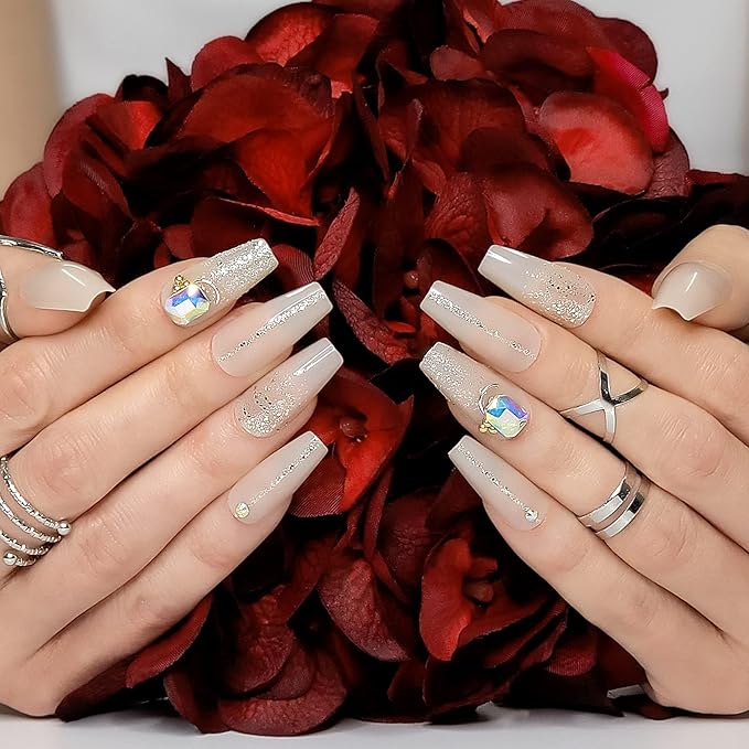 Hypnaughty 24 Pcs Jewels Rhinestone and Ombre Glitter Nude Luxury Coffin Bling Press on Nails with Design and Glue Medium Long Nude False Nails with Gems (Jewels)