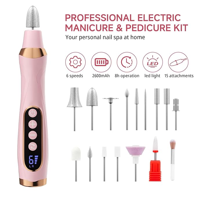 Cordless Nail Drill, Electric Nail File with 360° LED Light & LCD Display, Low Noise Electric Pedicure Tools for feet, Hand Foot Care Nail Drills for Thick Nail Toenail Cuticle Women Baby Pet