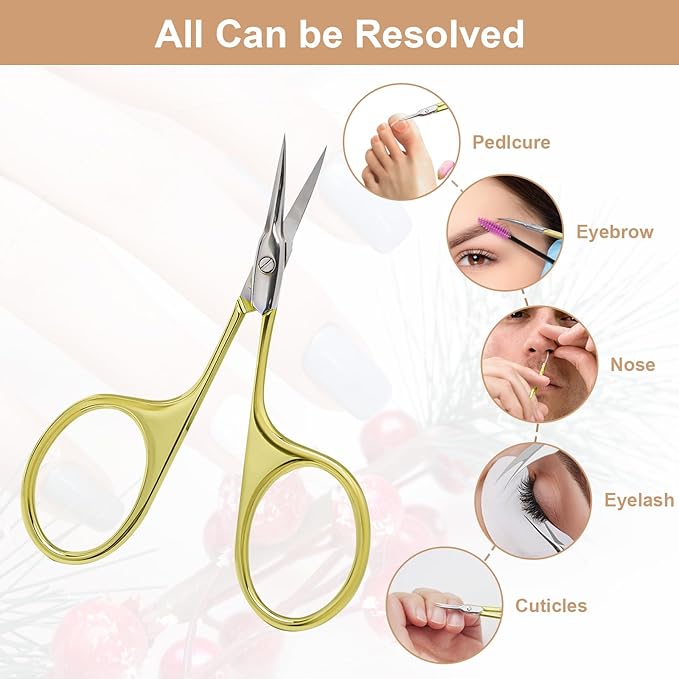 CGBE Manicure Scissors, Extra Fine Eyebrow Scissors for Grooming, Curved Blade Nail Scissors Precise Pointed Tip Grooming Kit for Eyebrow, Eyelash, Trim Nail and Dry Skin, Gold