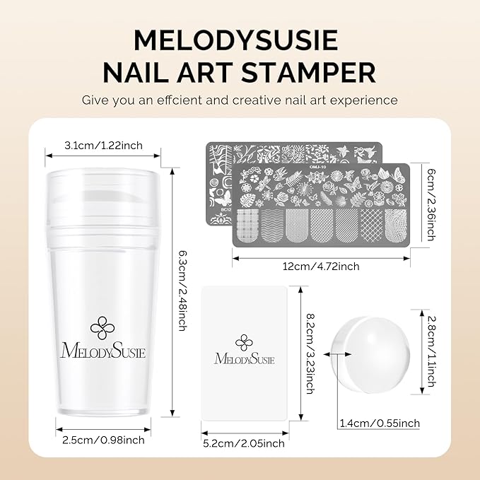MelodySusie Nail Stamper Kit, Silicone French Tip Stamp Tool, 1PC Stamper, 1PC Scraper, 2PCS Stamping Plates, 2PCS Silicone Replaceable Heads for DIY Home French Manicure & Salon Art, Transparent
