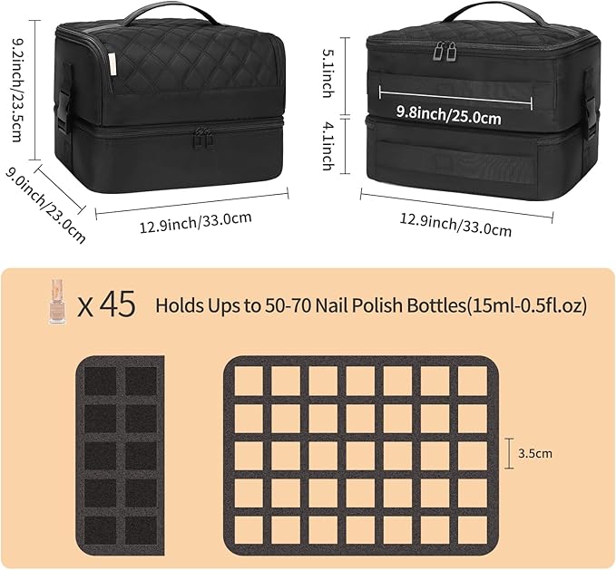 OCHEAL Nail Polish Organizer, Holds Nail Lamp and 45+ Bottles,3 Usage Modes Detachable Nail Storage Bag Travel Nail Tech Case Holds Nail Kit Stuff Manicure Tools -Black