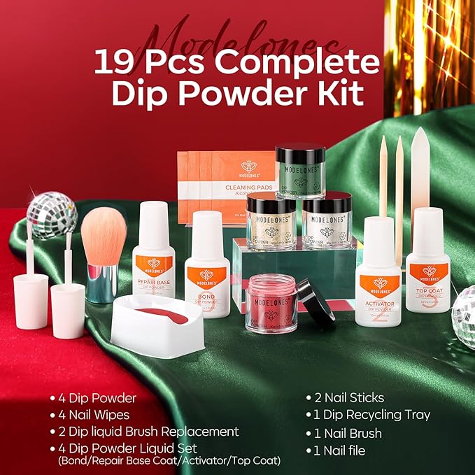 Modelones Christmas Dip Powder Nail Kit, 4 Colors Red Green Gold Glitter Dipping Starter Set with Liquid and Accessories for French Nails Art Salon DIY at Home Manicure