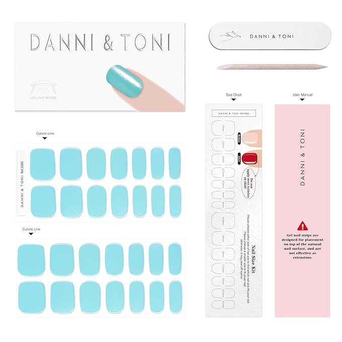 DANNI & TONI Semi Cured Gel Nail Strips Light Turquoise Holographic Soft Mint Blue Gel Nail Wraps 28 Stickers | Lunar Tide