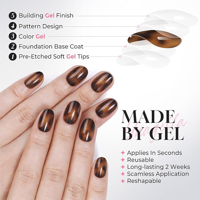 UNA GELLA 32Pcs Soft Gel Press on Nails - 16 Sizes Glossy Tortoise Shell Round Glue on Nails, Reusable Amber Pattern False Nails, Full Cover Acrylic Nail Kit for Women DIY Home Manicure