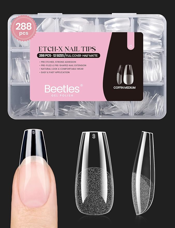 Beetles Gel Nail Tips Medium Coffin Etch X, 12 Sizes 288Pcs Pre Shaped Half Matte Full Cover Press On False Nails Tips Acrylic Fake Nail Extensions Kit Easy DIY Salon Manicure Gift for Women