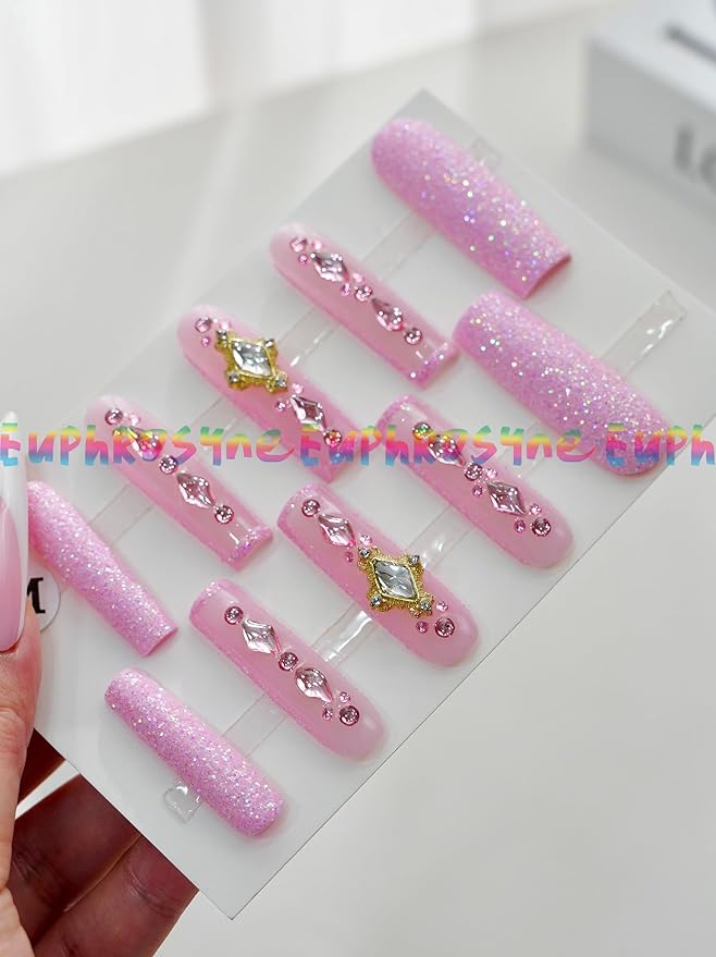 Euphrosyne Kawaii Press On Nails – Long Coffin Glitter Nails in Light Pink with Stars & Rhinestones | 10pcs Sparkly Fake Nails for Girls and Women, Princess Look for Daily or Party Wear