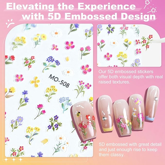 Flower Nail Art Stickers 5D Embossed Nail Decals for Nails Art Design Self-Adhesive Spring Summer Daisy Floral Leaf Plant Nail Accessories for Women Manicure DIY Art Decoration 6 Sheets YX1226