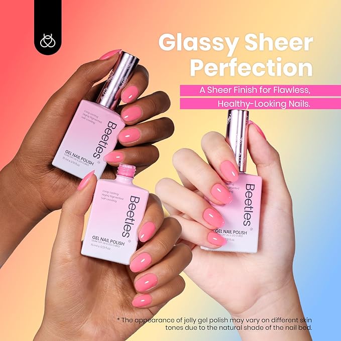 Beetles Jelly Gel Nail Polish Set, 6 Colors Hema Free Summer Neon Gel Polish Yellow Pink Red Blue Purple Orange 15ML Full Size Sheer Translucent Effect Soak Off UV Colorful Bottle Gel Gift for Women