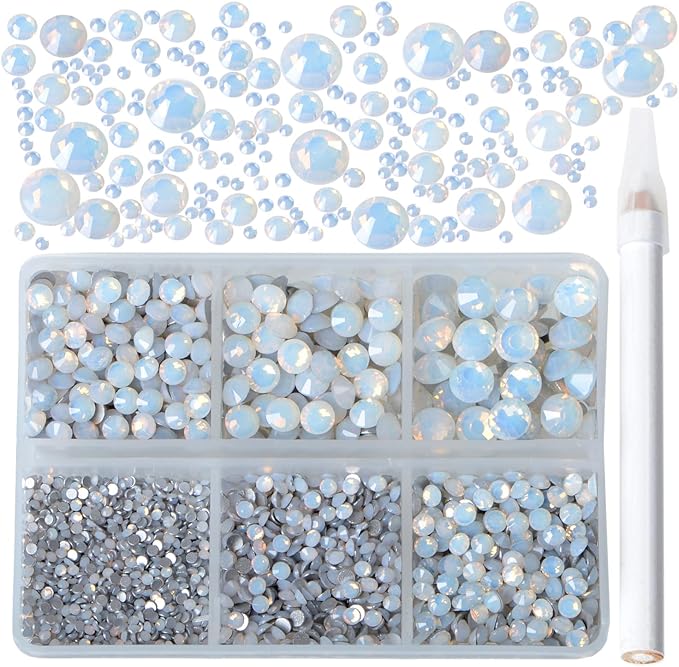 Bymitel 5000 Pieces 6 Mixed Sizes Glue Fix on Glass Rhinestones Round Crystal Gems Flatback for DIY Jewelry Making with one Picking Pen(6-Sizes 5000PCS, White Opal)